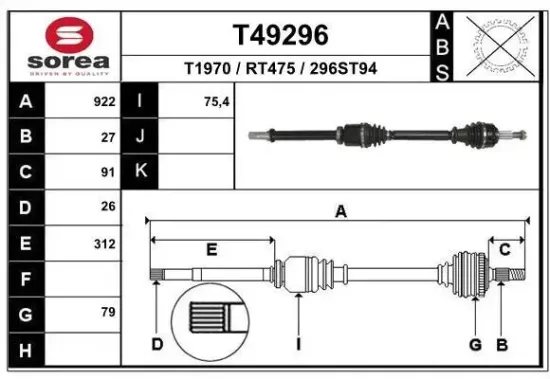Antriebswelle Vorderachse rechts EAI T49296 Bild Antriebswelle Vorderachse rechts EAI T49296