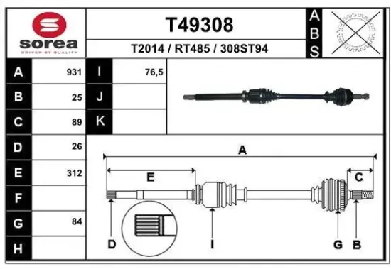 Antriebswelle Vorderachse rechts EAI T49308 Bild Antriebswelle Vorderachse rechts EAI T49308