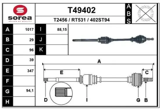 Antriebswelle Vorderachse rechts EAI T49402 Bild Antriebswelle Vorderachse rechts EAI T49402