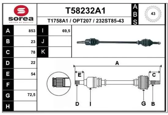 Antriebswelle Vorderachse rechts EAI T58232A1 Bild Antriebswelle Vorderachse rechts EAI T58232A1