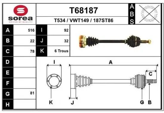 Antriebswelle Vorderachse links EAI T68187 Bild Antriebswelle Vorderachse links EAI T68187