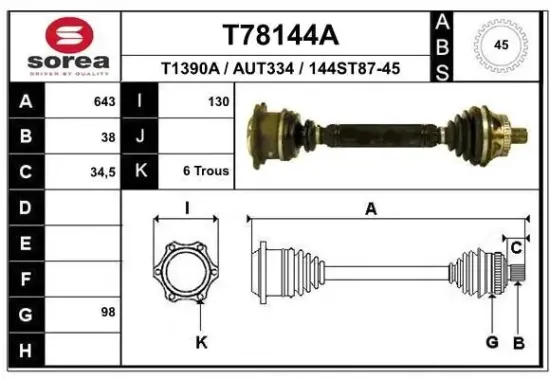 Antriebswelle Vorderachse rechts EAI T78144A Bild Antriebswelle Vorderachse rechts EAI T78144A