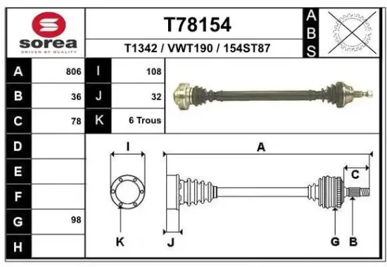 Antriebswelle Vorderachse rechts EAI T78154 Bild Antriebswelle Vorderachse rechts EAI T78154