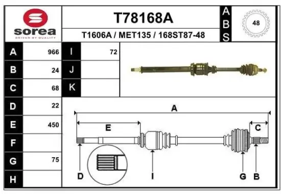 Antriebswelle Vorderachse rechts EAI T78168A Bild Antriebswelle Vorderachse rechts EAI T78168A