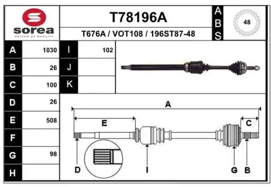 Antriebswelle Vorderachse rechts EAI T78196A Bild Antriebswelle Vorderachse rechts EAI T78196A