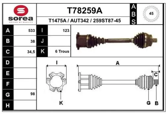 Antriebswelle Vorderachse links EAI T78259A Bild Antriebswelle Vorderachse links EAI T78259A