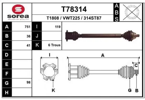 Antriebswelle Vorderachse rechts EAI T78314 Bild Antriebswelle Vorderachse rechts EAI T78314