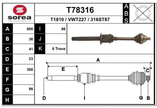 Antriebswelle Vorderachse rechts EAI T78316 Bild Antriebswelle Vorderachse rechts EAI T78316