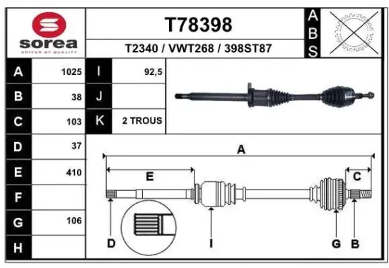 Antriebswelle Vorderachse rechts EAI T78398 Bild Antriebswelle Vorderachse rechts EAI T78398