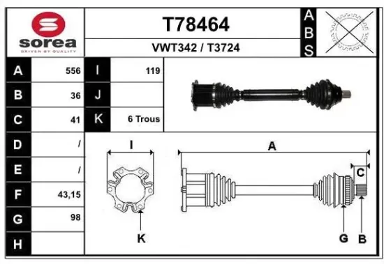Antriebswelle Vorderachse rechts EAI T78464 Bild Antriebswelle Vorderachse rechts EAI T78464