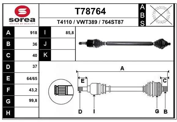 Antriebswelle Vorderachse rechts EAI T78764