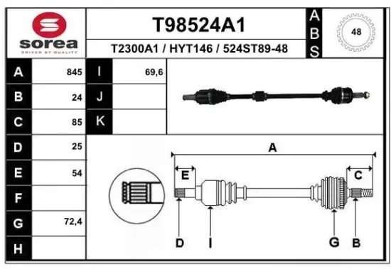 Antriebswelle Vorderachse rechts EAI T98524A1 Bild Antriebswelle Vorderachse rechts EAI T98524A1