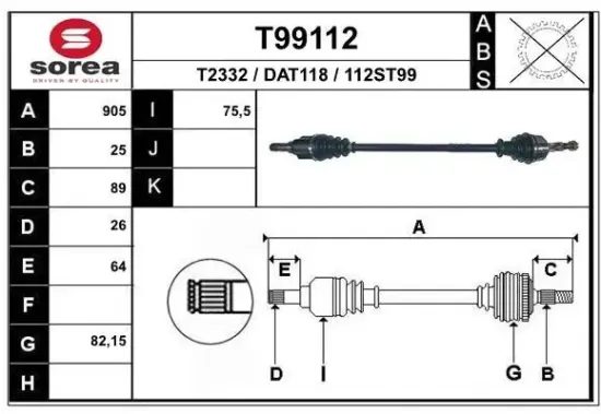 Antriebswelle Vorderachse rechts EAI T99112 Bild Antriebswelle Vorderachse rechts EAI T99112