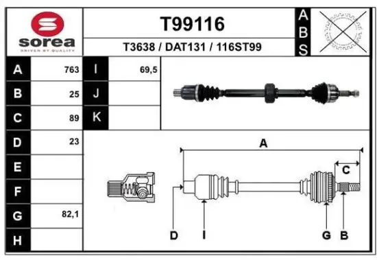 Antriebswelle Vorderachse rechts EAI T99116 Bild Antriebswelle Vorderachse rechts EAI T99116