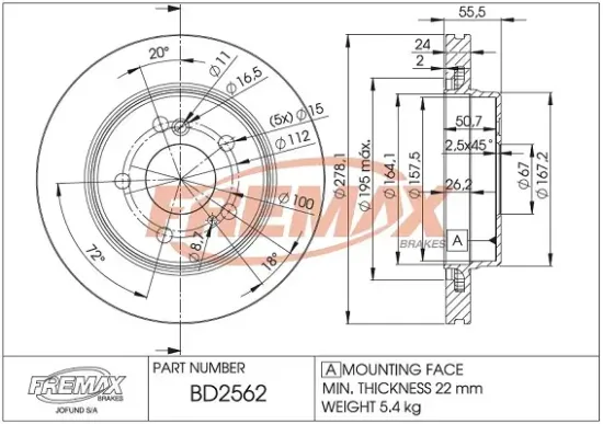 Bremsscheibe Hinterachse FREMAX BD-2562 Bild Bremsscheibe Hinterachse FREMAX BD-2562