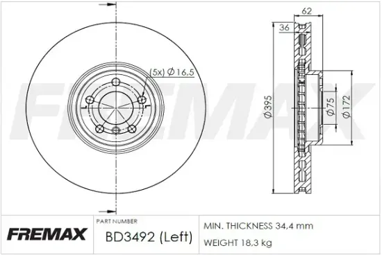 Bremsscheibe Vorderachse links FREMAX BD-3492 Bild Bremsscheibe Vorderachse links FREMAX BD-3492