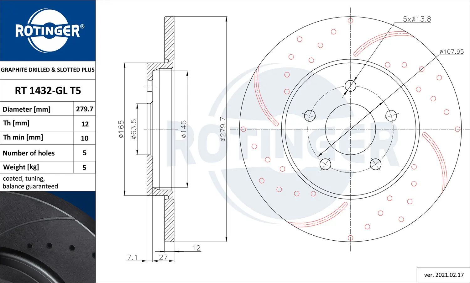 Bremsscheibe Hinterachse ROTINGER RT 1432-GL T5
