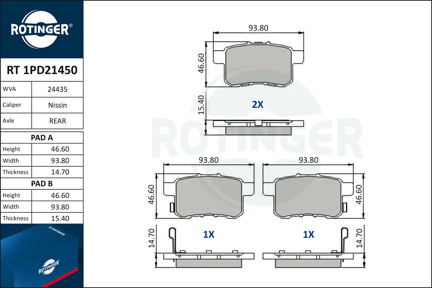 Bremsbelagsatz, Scheibenbremse Hinterachse ROTINGER RT 1PD21450
