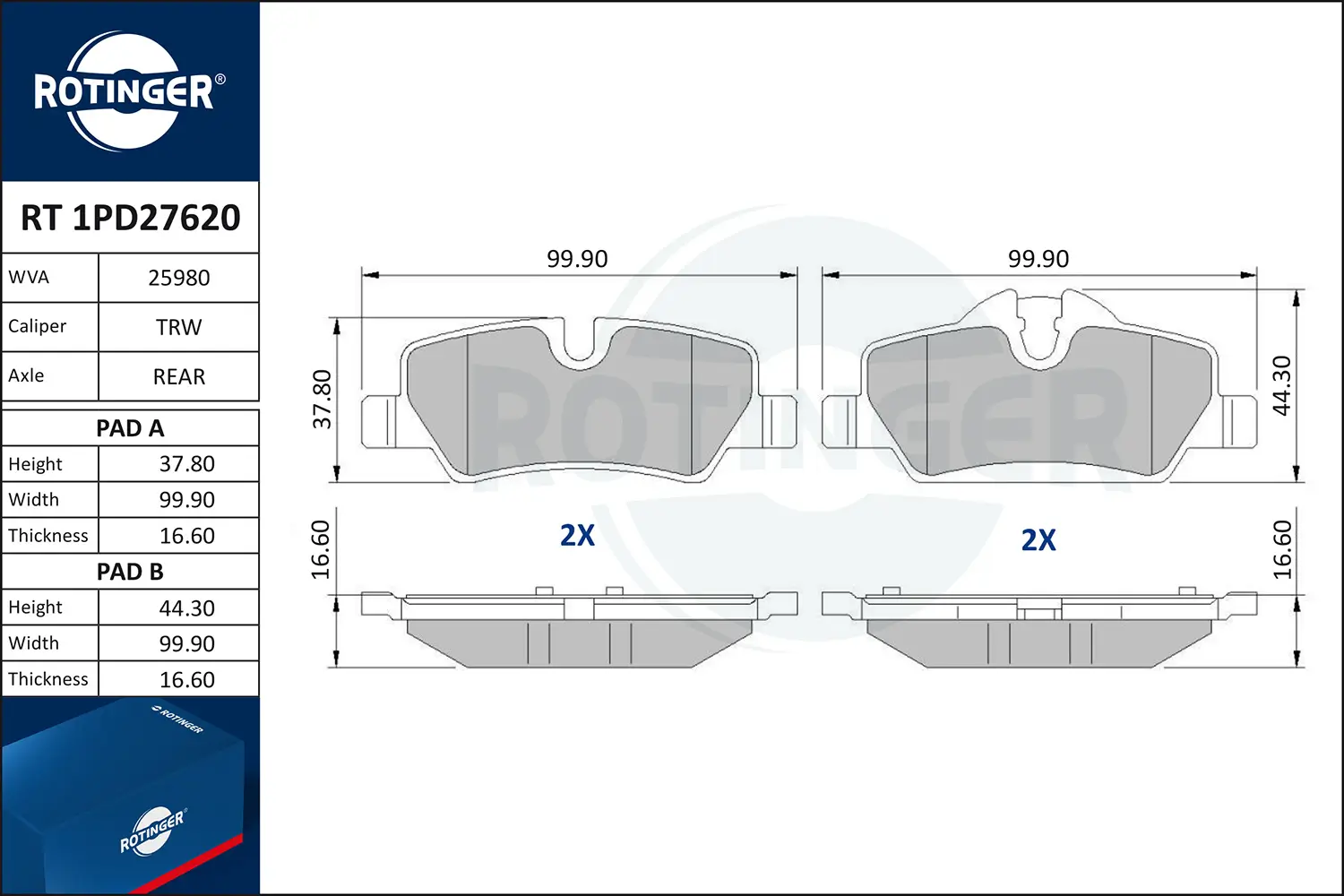 Bremsbelagsatz, Scheibenbremse Hinterachse ROTINGER RT 1PD27620
