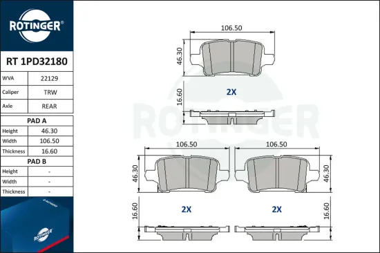 Bremsbelagsatz, Scheibenbremse Hinterachse ROTINGER RT 1PD32180 Bild Bremsbelagsatz, Scheibenbremse Hinterachse ROTINGER RT 1PD32180