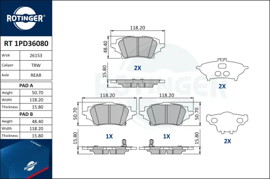 Bremsbelagsatz, Scheibenbremse Hinterachse ROTINGER RT 1PD36080 Bild Bremsbelagsatz, Scheibenbremse Hinterachse ROTINGER RT 1PD36080