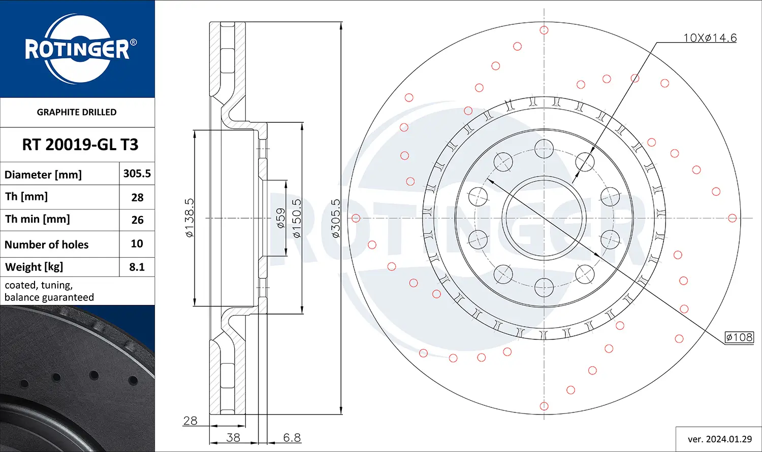 Bremsscheibe Vorderachse ROTINGER RT 20019-GL T3