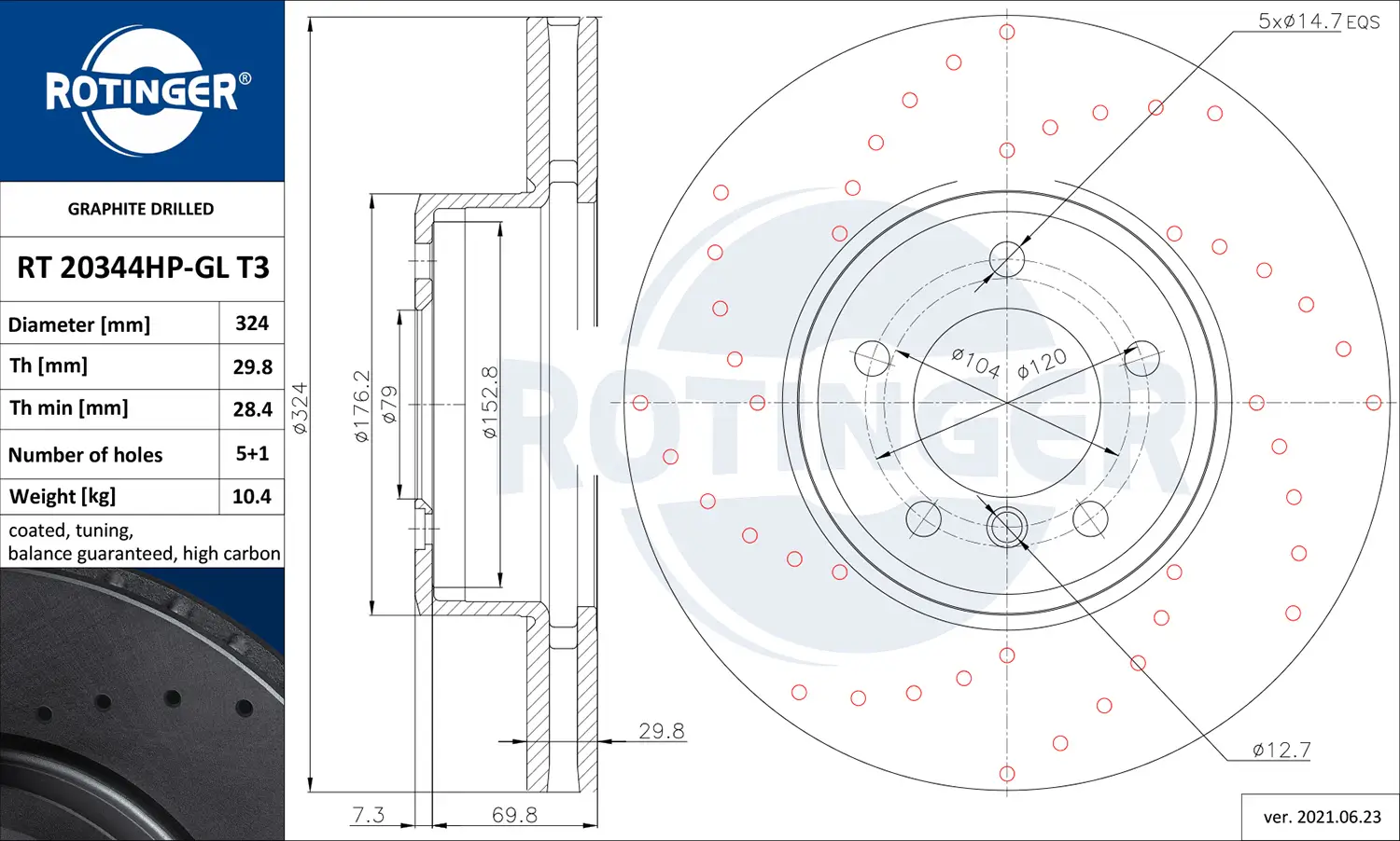 Bremsscheibe Vorderachse ROTINGER RT 20344HP-GL T3