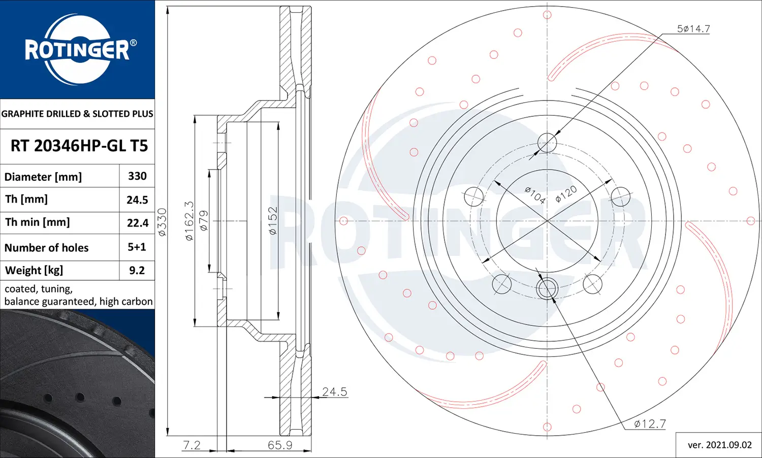 Bremsscheibe Vorderachse ROTINGER RT 20346HP-GL T5