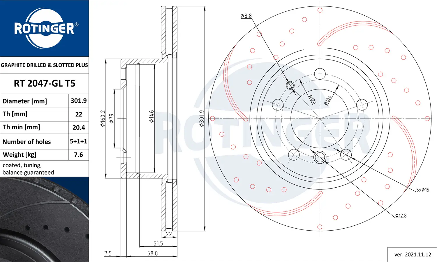Bremsscheibe Vorderachse ROTINGER RT 2047-GL T5