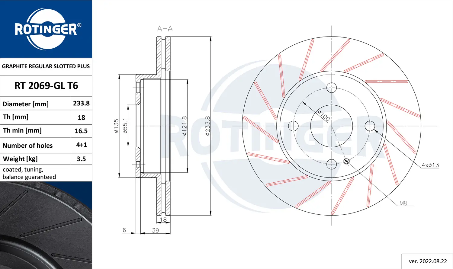 Bremsscheibe Vorderachse ROTINGER RT 2069-GL T6
