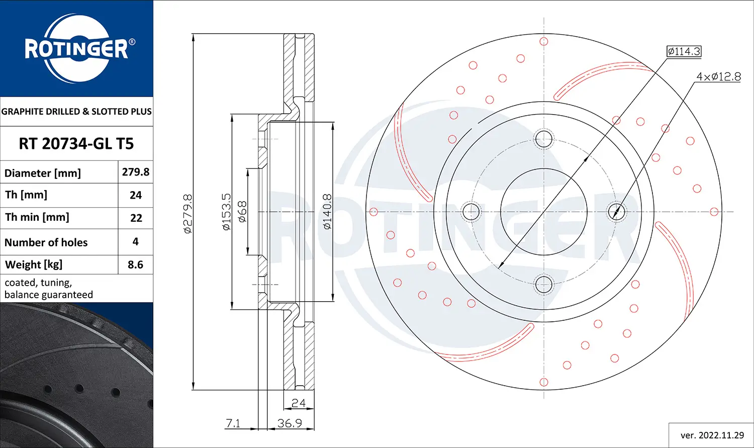 Bremsscheibe Vorderachse ROTINGER RT 20734-GL T5