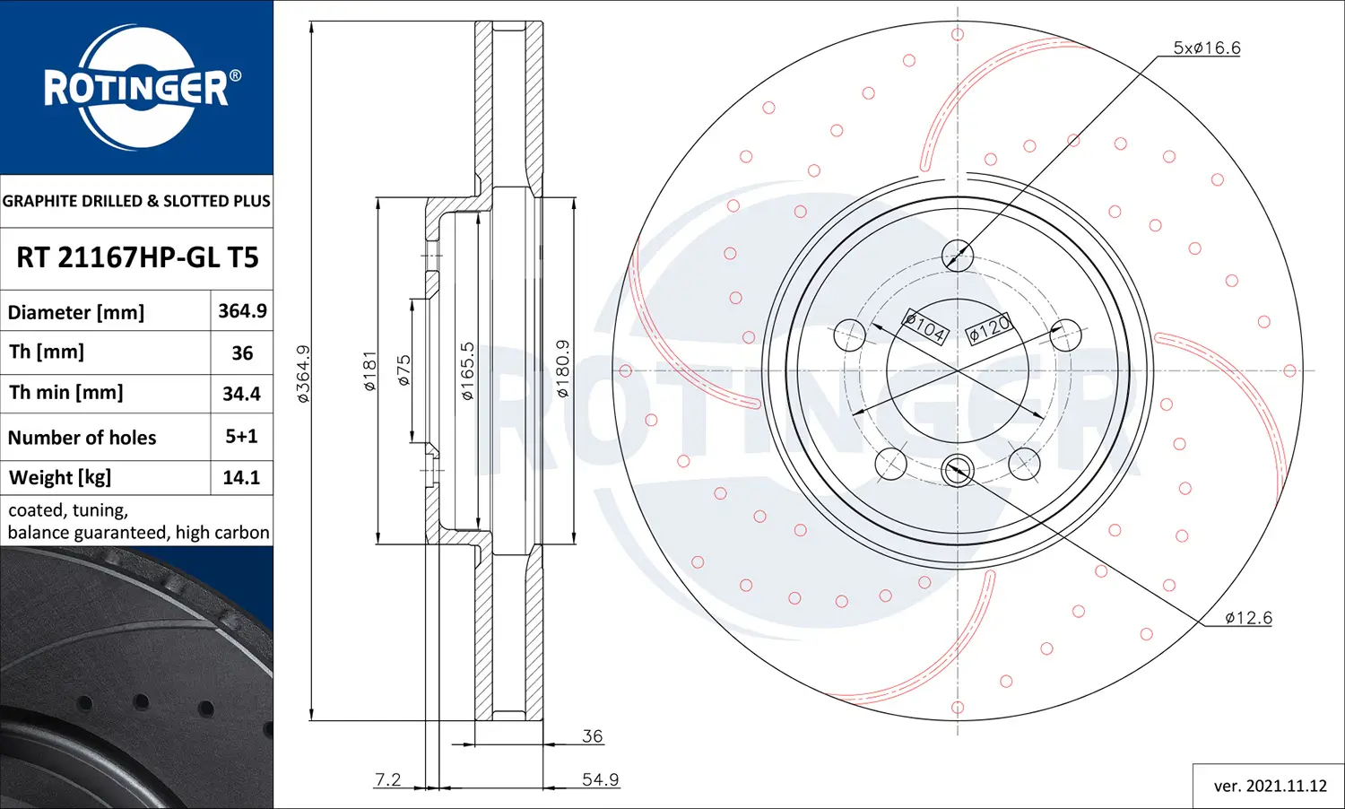 Bremsscheibe Vorderachse ROTINGER RT 21167HP-GL T5