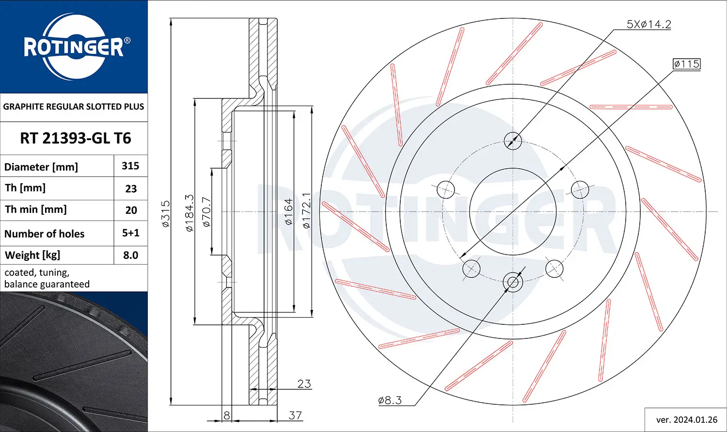 Bremsscheibe Hinterachse ROTINGER RT 21393-GL T6