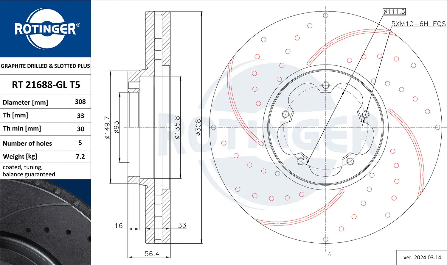Bremsscheibe Vorderachse ROTINGER RT 21688-GL T5
