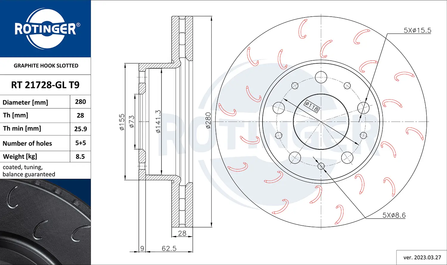 Bremsscheibe Vorderachse ROTINGER RT 21728-GL T9