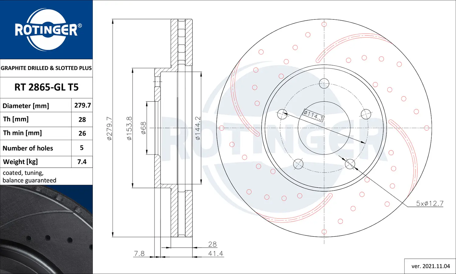 Bremsscheibe Vorderachse ROTINGER RT 2865-GL T5