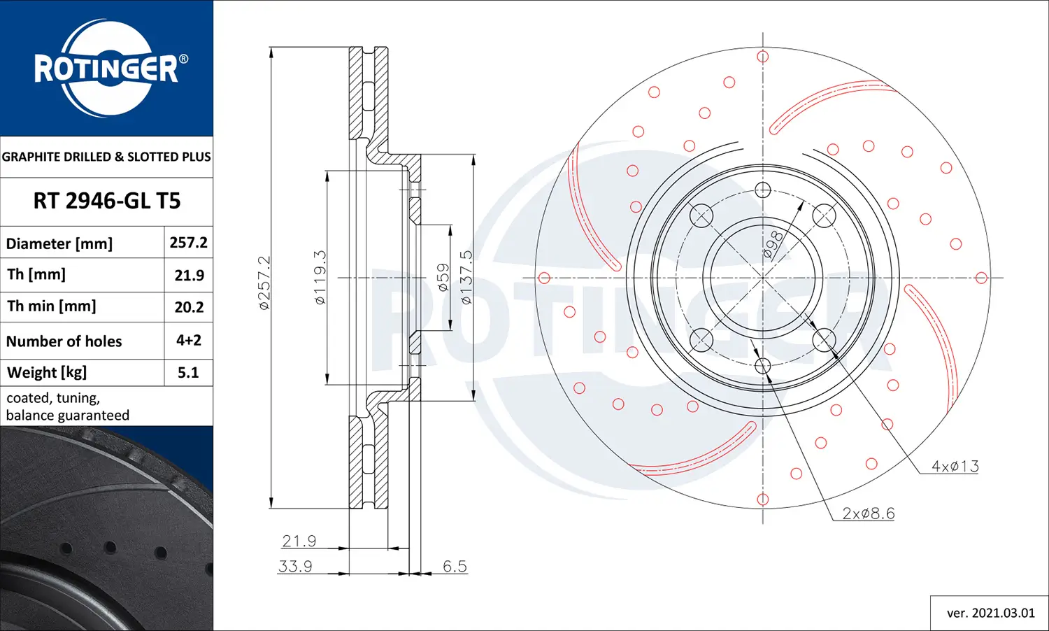 Bremsscheibe Vorderachse ROTINGER RT 2946-GL T5
