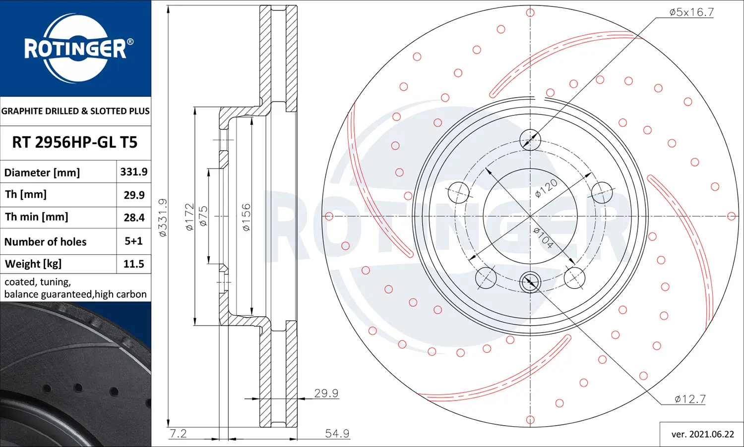 Bremsscheibe Vorderachse ROTINGER RT 2956HP-GL T5