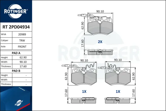Bremsbelagsatz, Scheibenbremse Vorderachse ROTINGER RT 2PD04934 Bild Bremsbelagsatz, Scheibenbremse Vorderachse ROTINGER RT 2PD04934