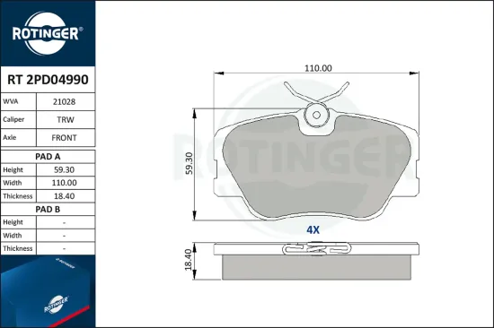 Bremsbelagsatz, Scheibenbremse ROTINGER RT 2PD04990 Bild Bremsbelagsatz, Scheibenbremse ROTINGER RT 2PD04990