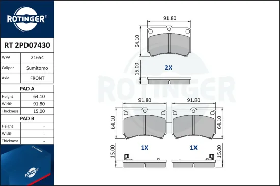 Bremsbelagsatz, Scheibenbremse ROTINGER RT 2PD07430 Bild Bremsbelagsatz, Scheibenbremse ROTINGER RT 2PD07430