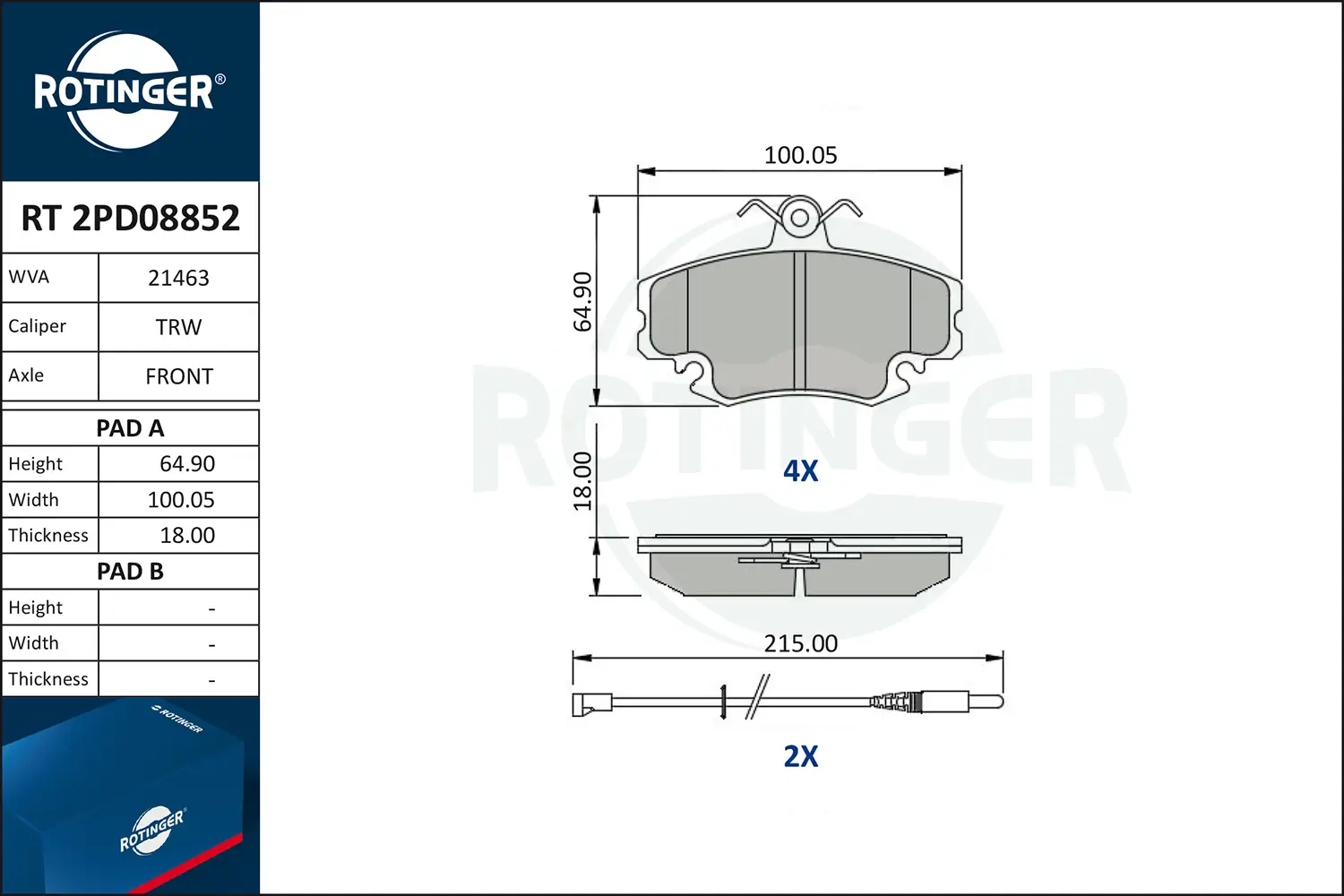 Bremsbelagsatz, Scheibenbremse ROTINGER RT 2PD08852