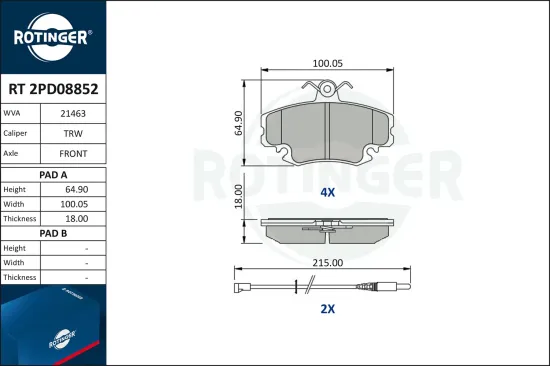 Bremsbelagsatz, Scheibenbremse ROTINGER RT 2PD08852 Bild Bremsbelagsatz, Scheibenbremse ROTINGER RT 2PD08852