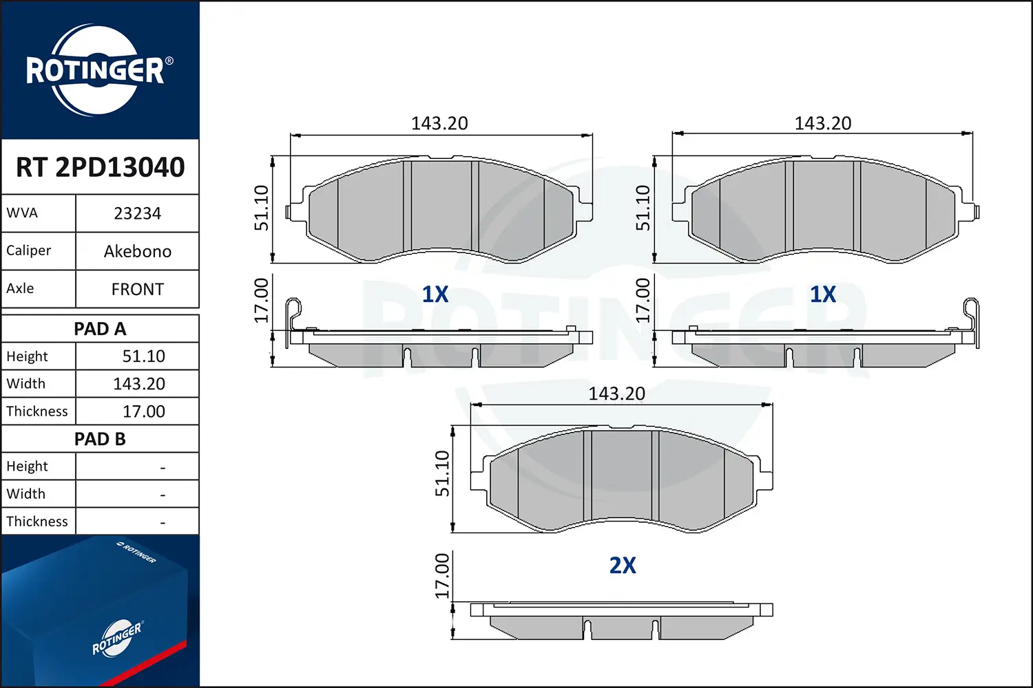 Bremsbelagsatz, Scheibenbremse Vorderachse ROTINGER RT 2PD13040