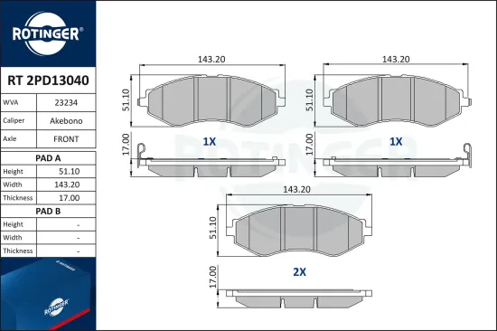 Bremsbelagsatz, Scheibenbremse Vorderachse ROTINGER RT 2PD13040 Bild Bremsbelagsatz, Scheibenbremse Vorderachse ROTINGER RT 2PD13040