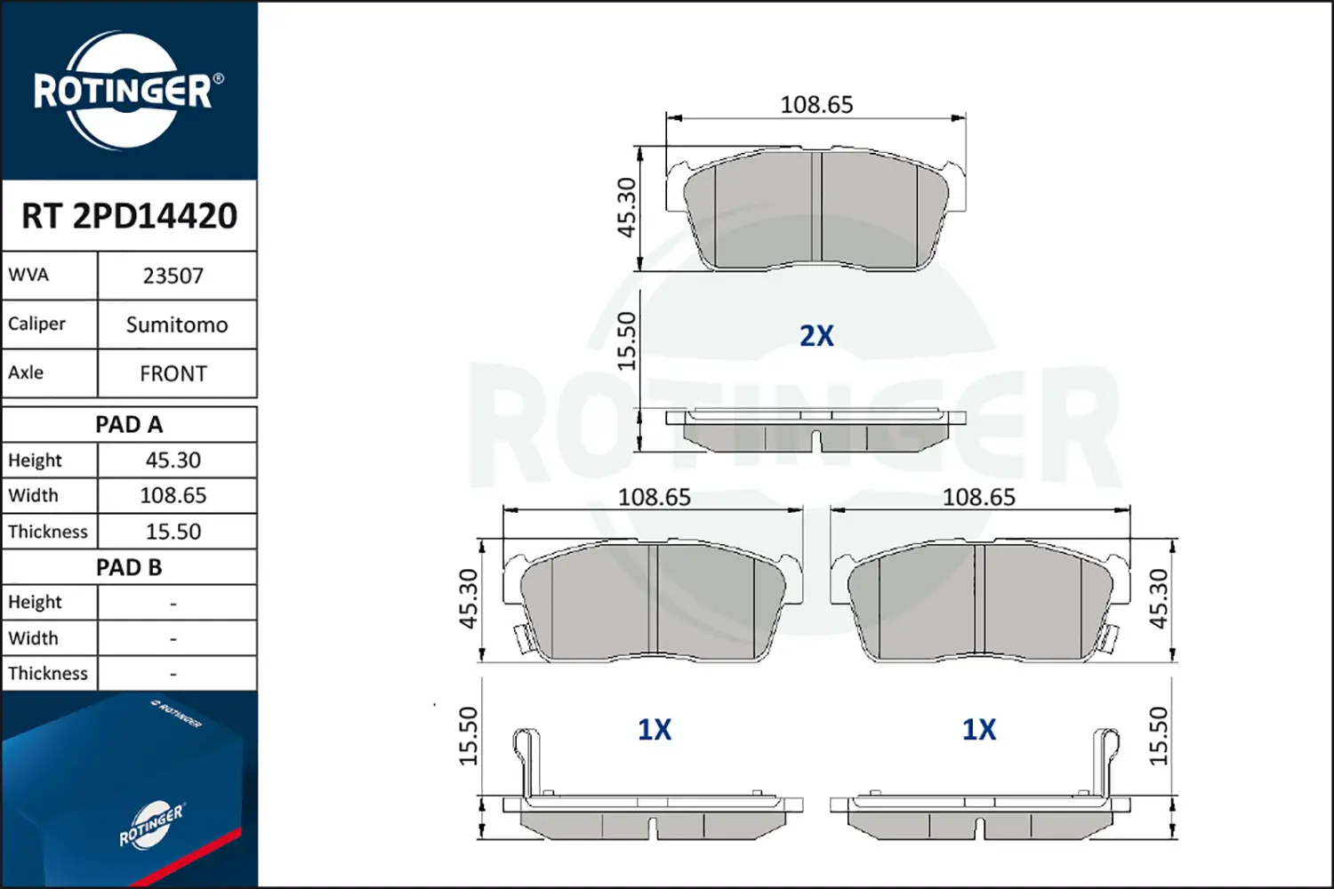 Bremsbelagsatz, Scheibenbremse ROTINGER RT 2PD14420