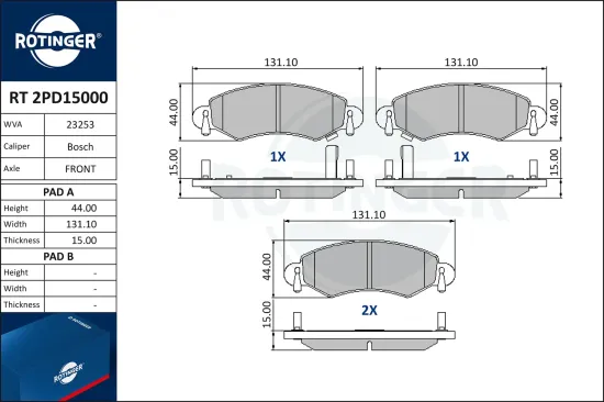 Bremsbelagsatz, Scheibenbremse Vorderachse ROTINGER RT 2PD15000 Bild Bremsbelagsatz, Scheibenbremse Vorderachse ROTINGER RT 2PD15000