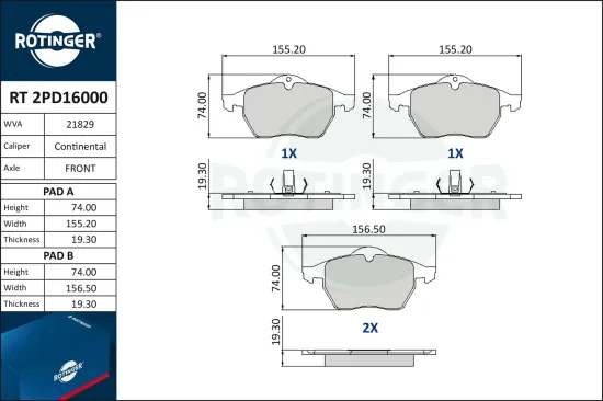 Bremsbelagsatz, Scheibenbremse ROTINGER RT 2PD16000 Bild Bremsbelagsatz, Scheibenbremse ROTINGER RT 2PD16000