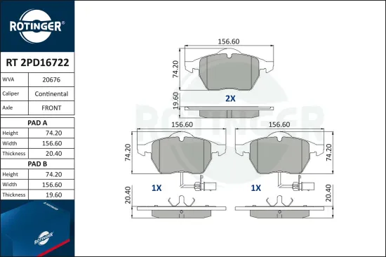 Bremsbelagsatz, Scheibenbremse ROTINGER RT 2PD16722 Bild Bremsbelagsatz, Scheibenbremse ROTINGER RT 2PD16722