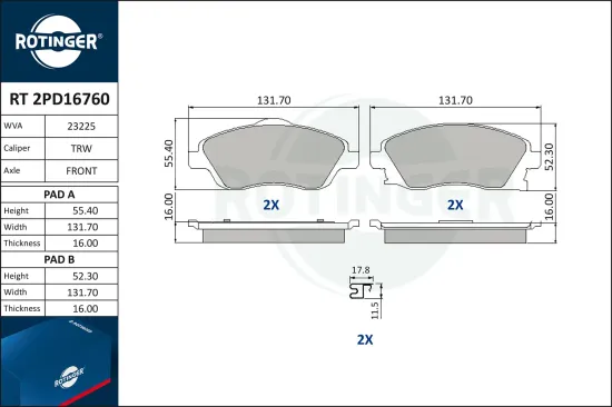 Bremsbelagsatz, Scheibenbremse ROTINGER RT 2PD16760 Bild Bremsbelagsatz, Scheibenbremse ROTINGER RT 2PD16760
